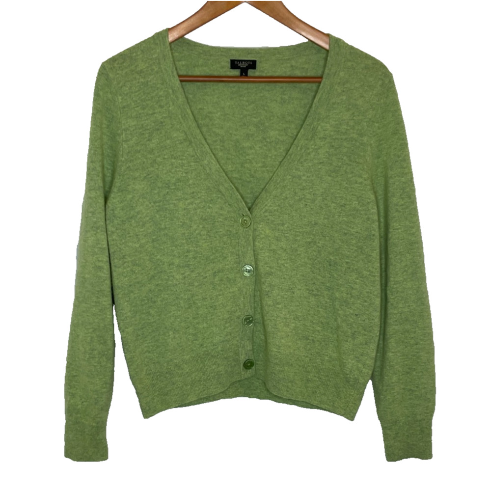 Women's Large Petite Talbots Lambswool Angora Green Cardigan Sweater